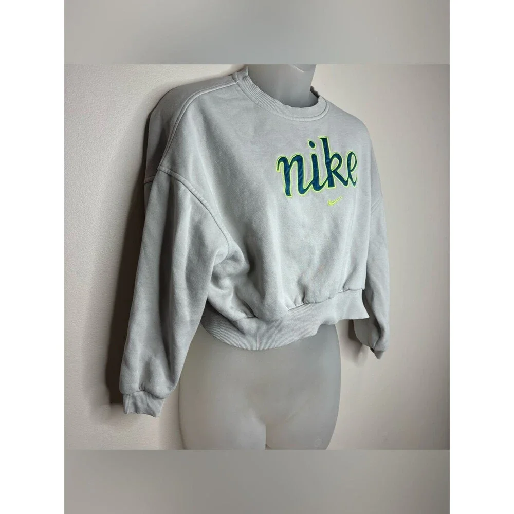 Nike off White Cropped Crew Sweatshirt Neon Green Navy logo spell out medium